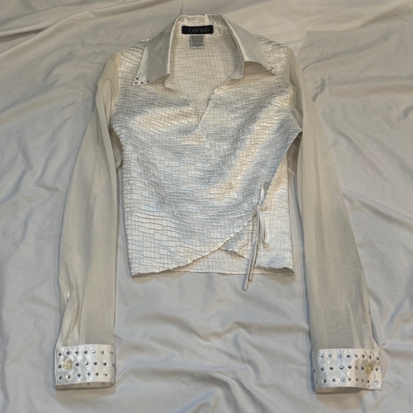 Vintage 90s Y2K White and Silver Textured Sexy Wrap Blouse with Rhinestones - Picture 1 of 6